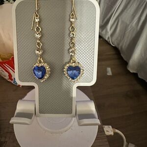 Gold and Blue Heart Dangle Earrings fashion only